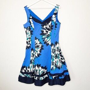 Nine West Fit and Flare Floral Blue, Black and White Patterned Dress 12
